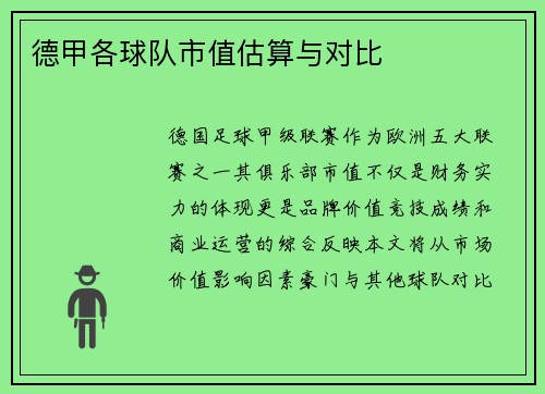 德甲各球队市值估算与对比
